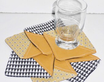 Lot de 6 dessous de verre en tissu graphique moutarde et noir coton